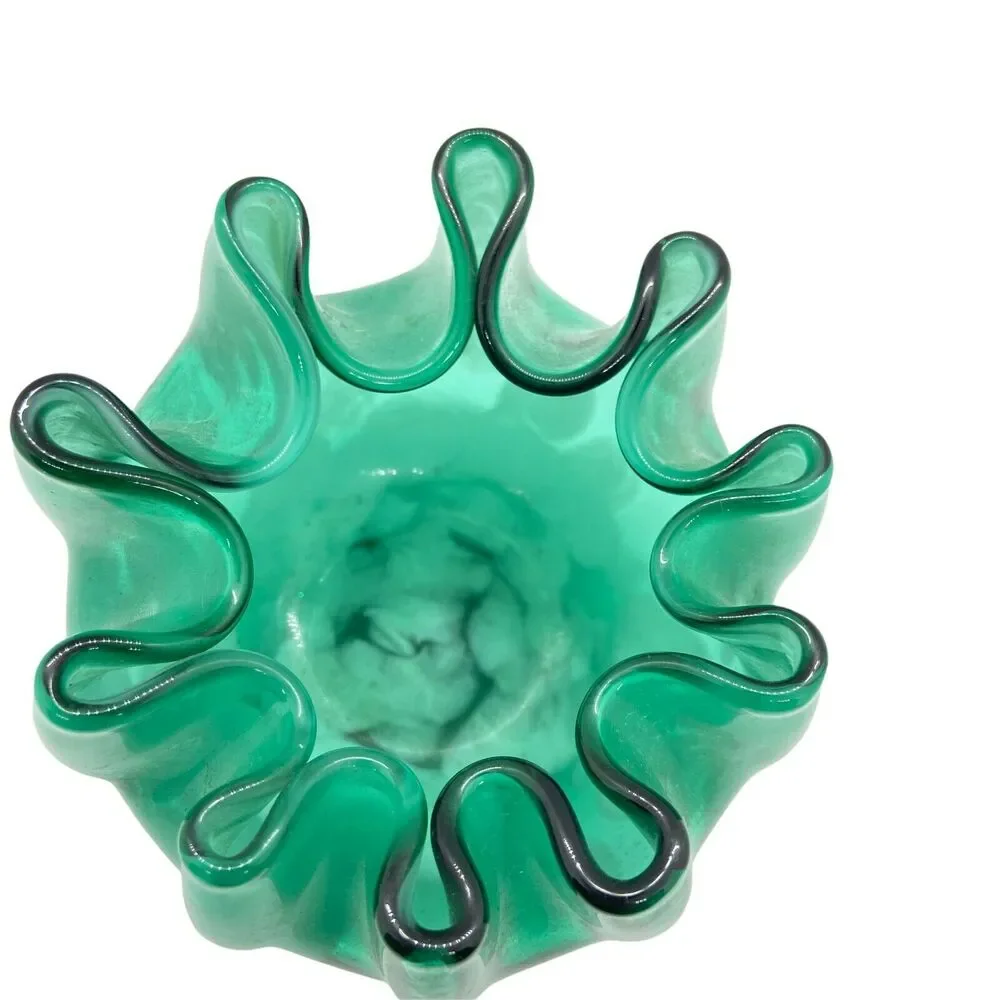 Art Glass Pinch Pot Vase Bowl Handmade Green Hand Blown Decorative Heavy
